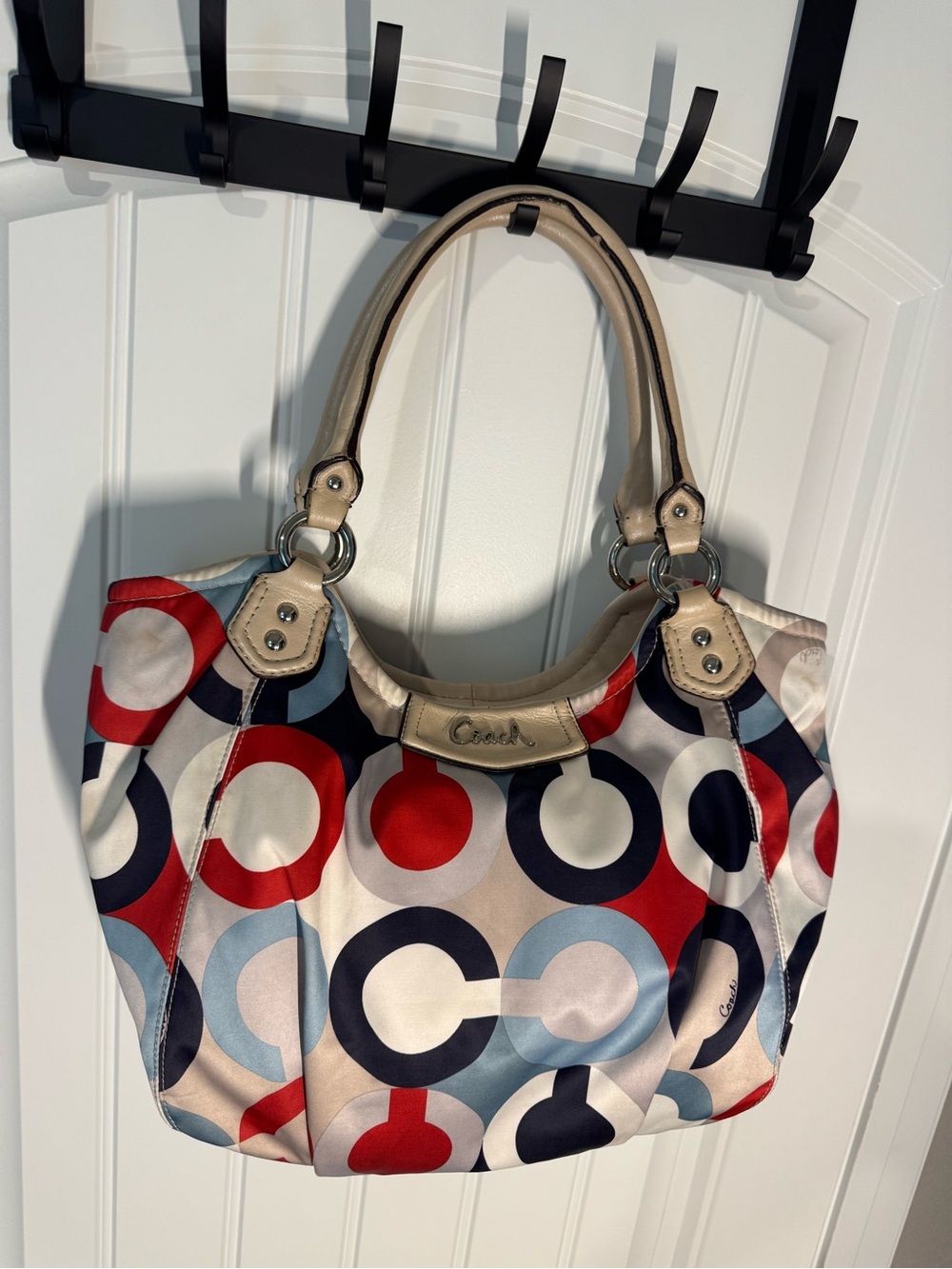 Coach Ashley Op Art Scarf Print Tote Red, Navy & Light Blue
